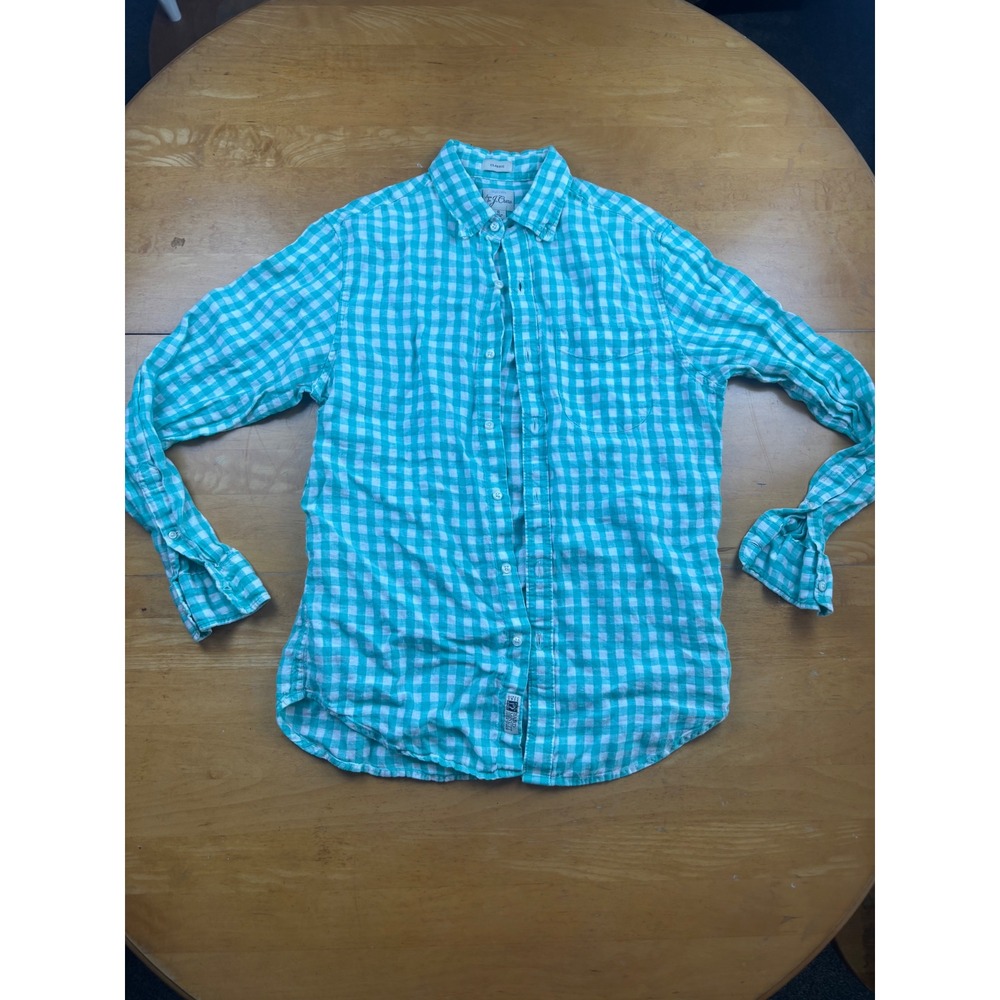 J.Crew Baird McNutt Irish Linen Shirt Small Turquoise Gingham Classic Fit Mens
